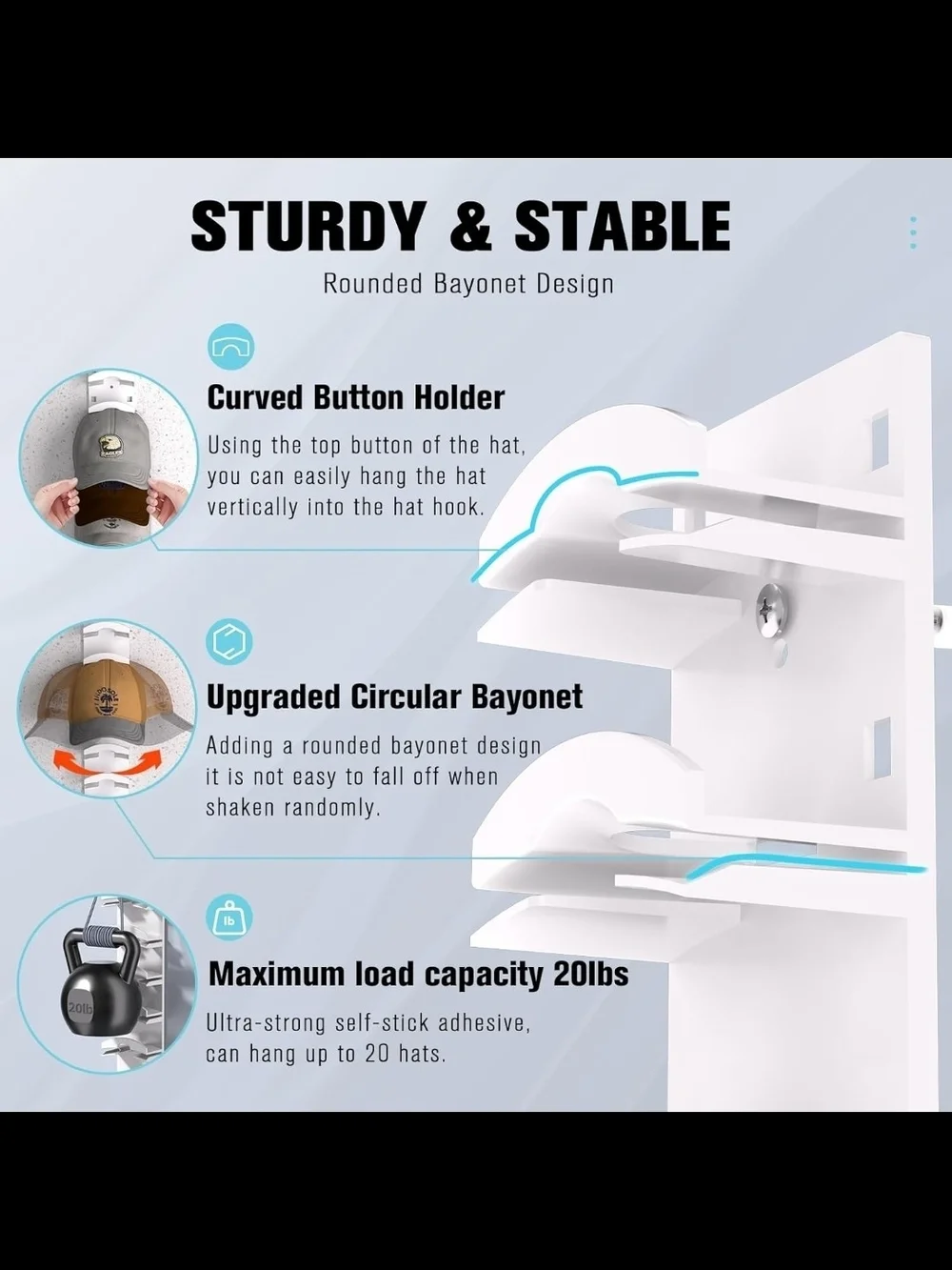 2 Pack White Hat Rack Storage Organizer for Baseball Caps - Holds up to 10 Hats